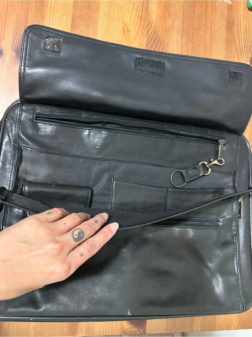 Classic Black Leather Laptop Briefcase with Shoulder Strap